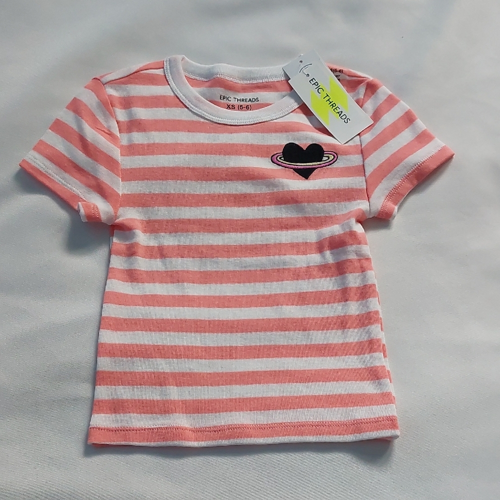 Epic Threads‎ Toddler Girls Coral and White Striped Tee with Heart XS 5-6